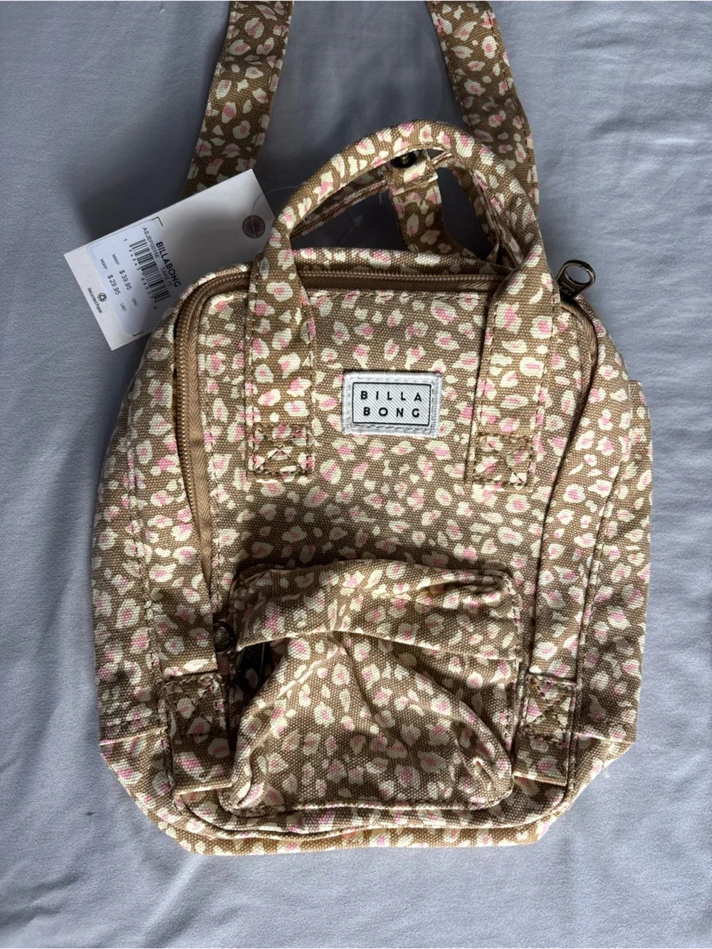 Billabong Tan Canvas Mini Backpack with Pink and Cream Print